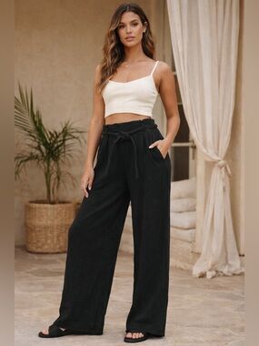 Free People Black Wide Leg Cotton Pants Large Pockets Rope Belt Boho Resortwear